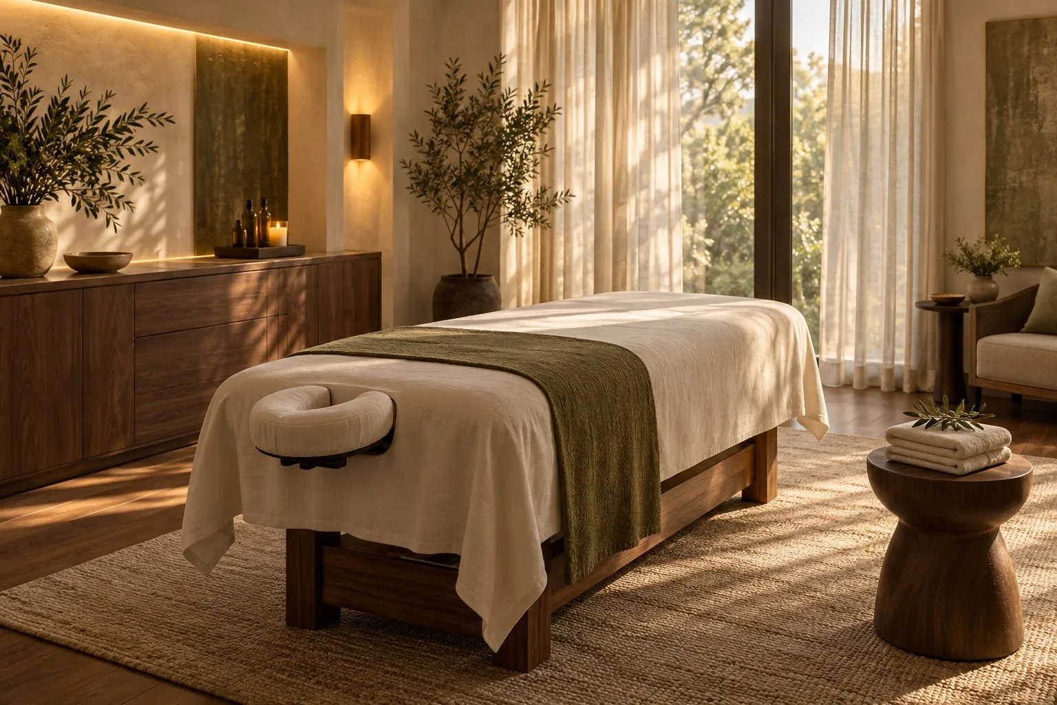 Concept illustration of a massage table with folded linens and warm natural light